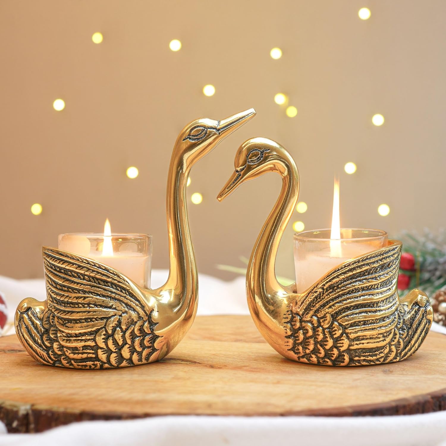 BEHOMA Aluminium Pair of Swans with Gift Box for Good Luck | Feng Shui Love Gifts Candle Holder for Home Decor Living Room | Showpiece Anniversary Wedding Gifts for Couple (Candles not Included) Gold